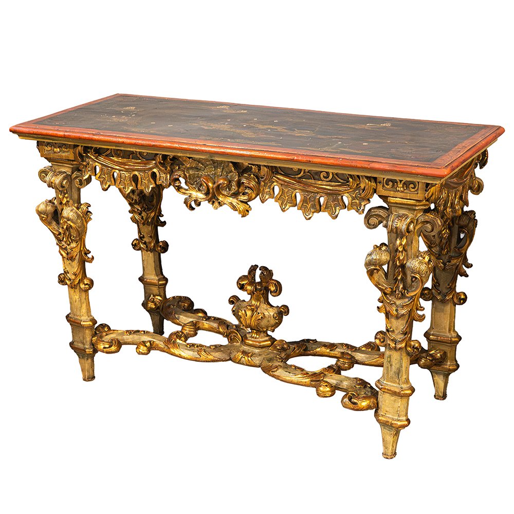 Consolle piemontese Luigi XIV in legno laccato e dorato con piano in cineseria-photo-6