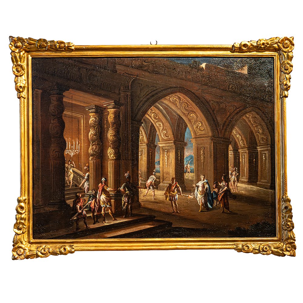 Coppia di Dipinti architettonici con scene di genere - Francesco Monti-photo-2