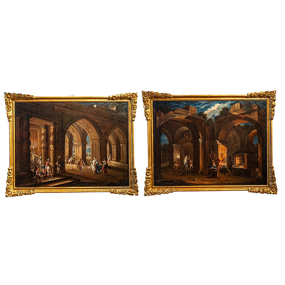 Coppia di Dipinti architettonici con scene di genere - Francesco Monti