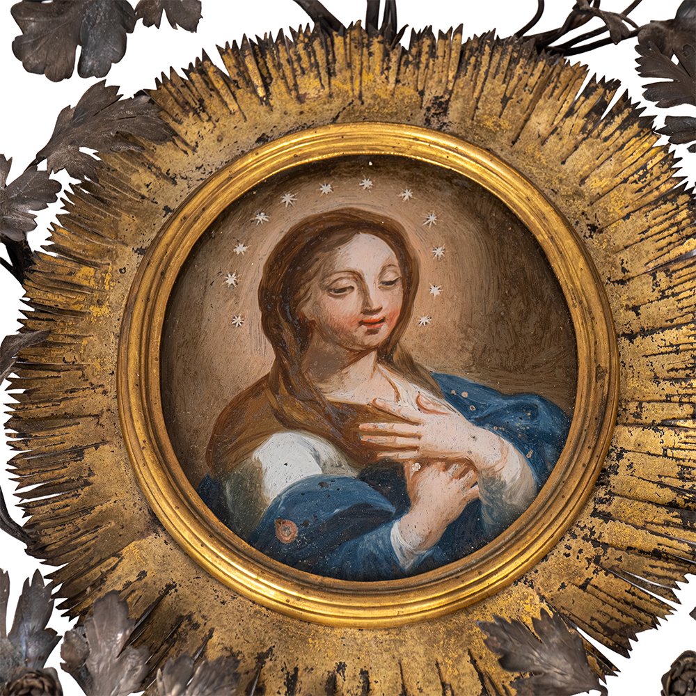 Dipinto su vetro raffigurante la Vergine Maria - Cornice in argento-photo-2