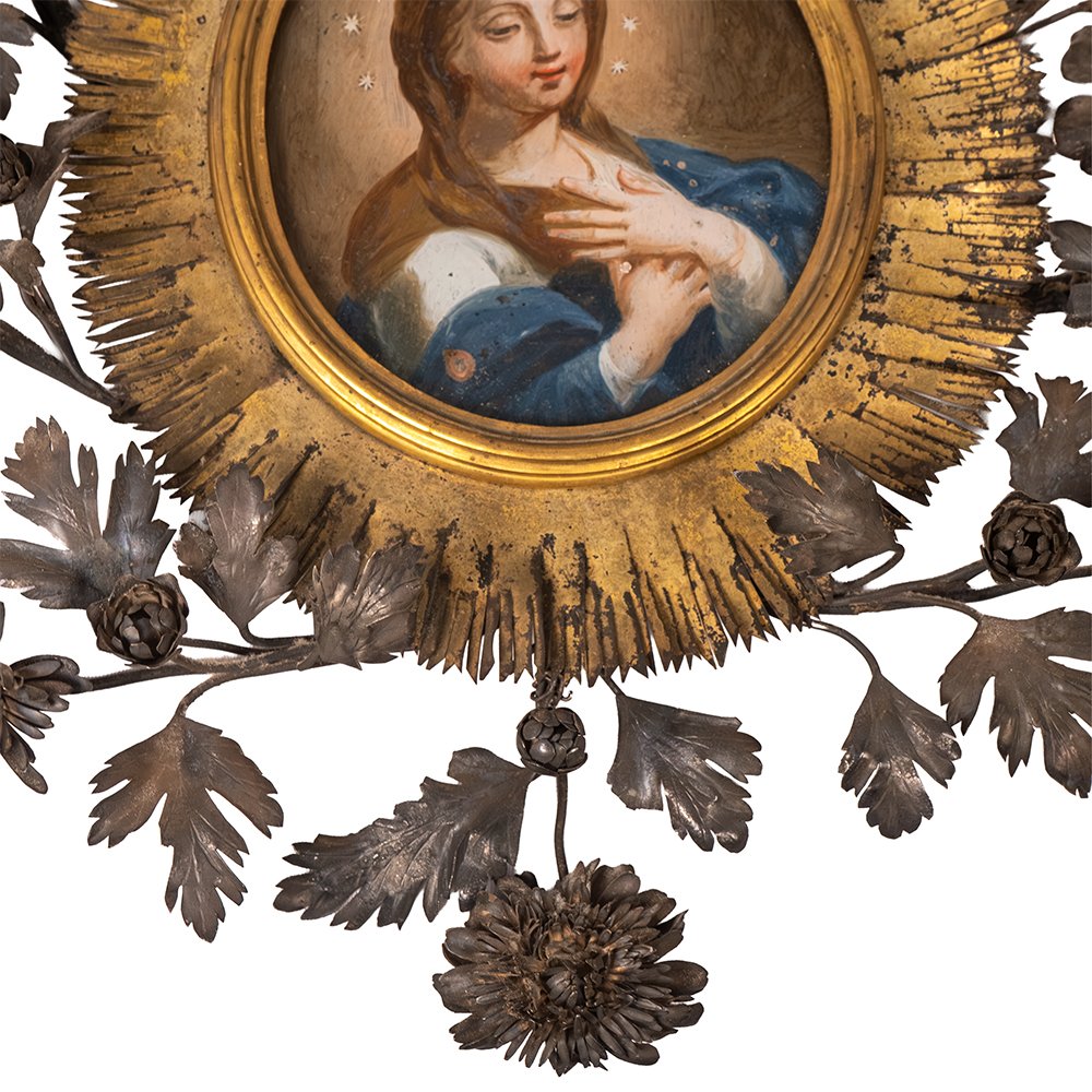Dipinto su vetro raffigurante la Vergine Maria - Cornice in argento-photo-2