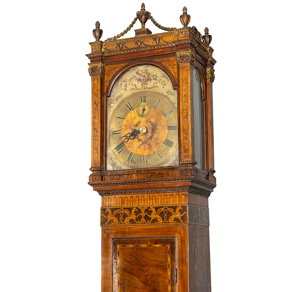 Orologio a colonna in noce intarsiato e intagliato-photo-2