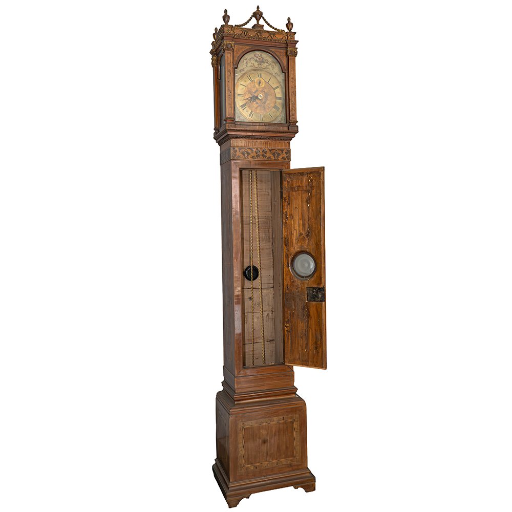 Orologio a colonna in noce intarsiato e intagliato-photo-3