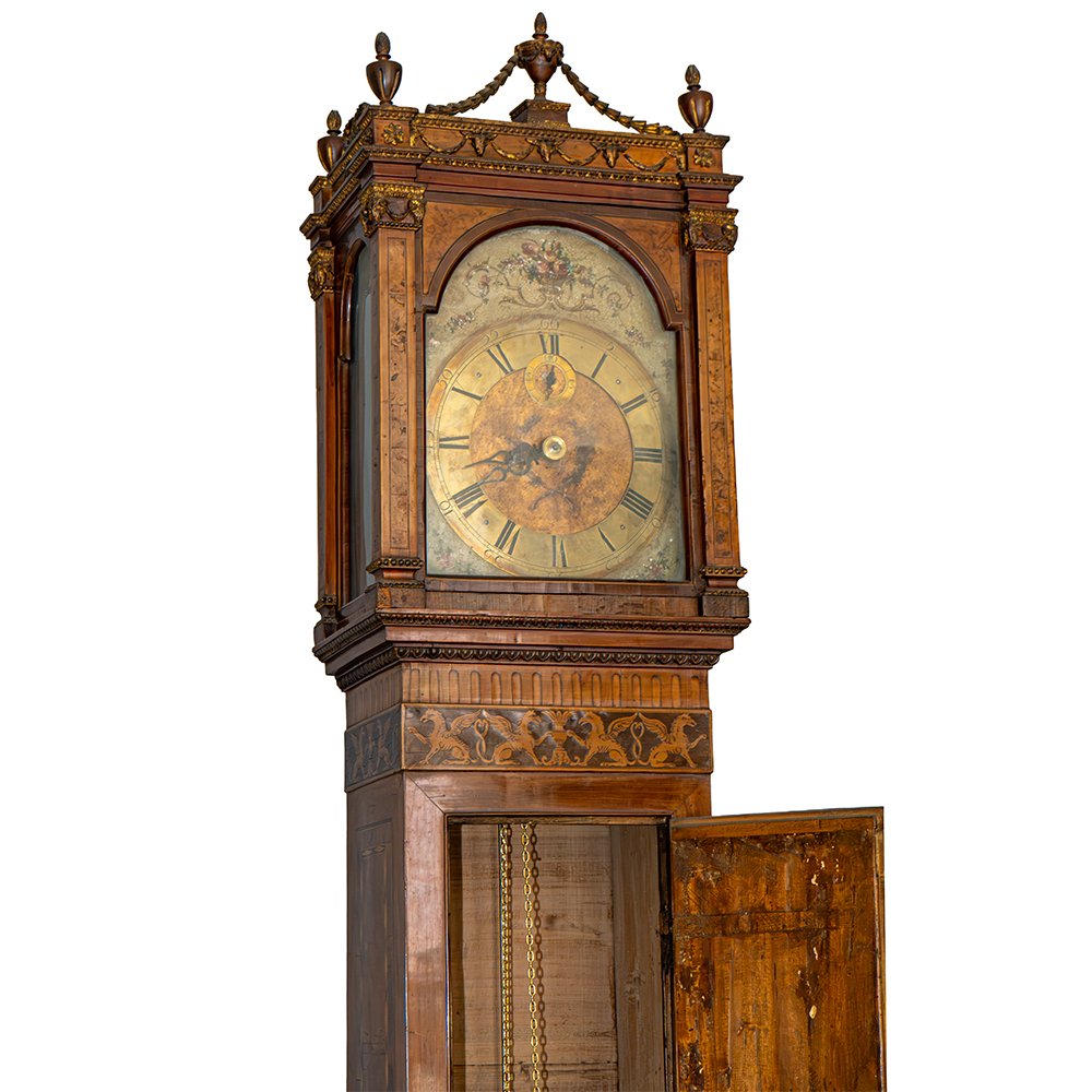 Orologio a colonna in noce intarsiato e intagliato-photo-4