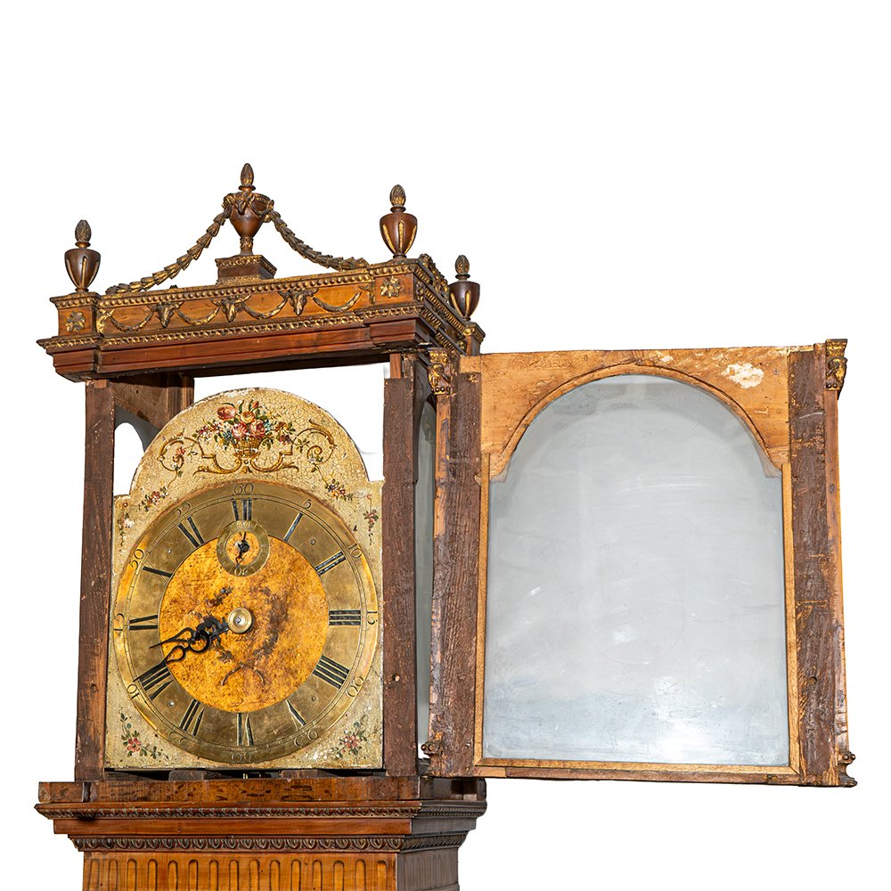 Orologio a colonna in noce intarsiato e intagliato-photo-1