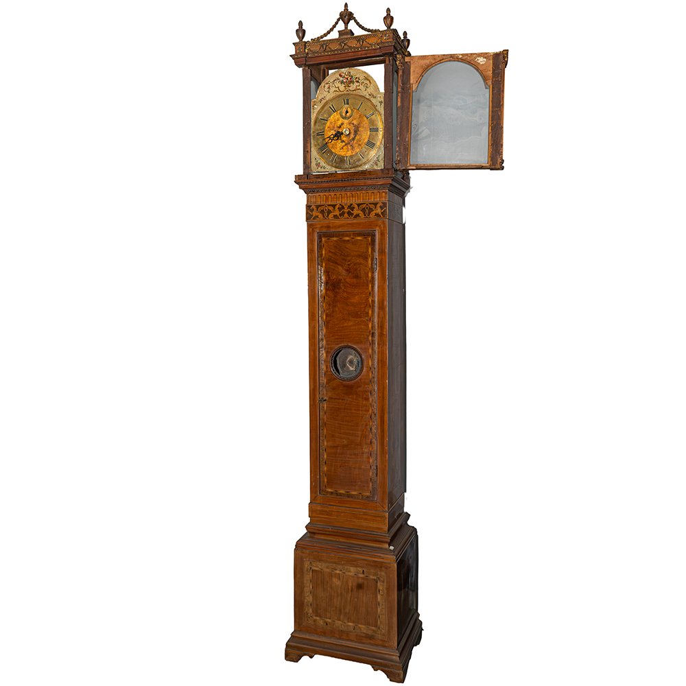 Orologio a colonna in noce intarsiato e intagliato-photo-2