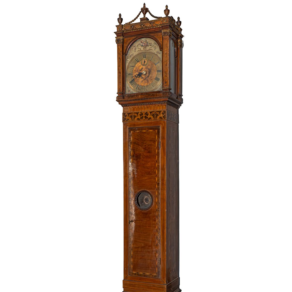 Orologio a colonna in noce intarsiato e intagliato-photo-6