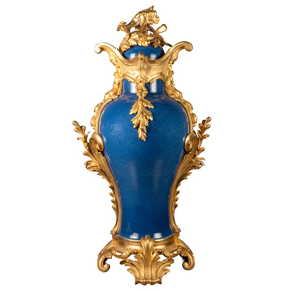 Vaso in ceramica smaltata blu con applicazioni in bronzo dorato-photo-5