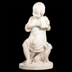 Scultura in marmo raffigurante fanciullo con cane