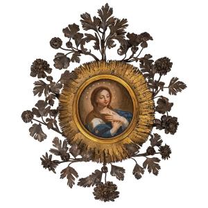 Dipinto su vetro raffigurante la Vergine Maria - Cornice in argento