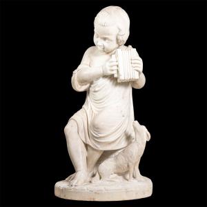 Scultura in marmo raffigurante fanciullo con cane