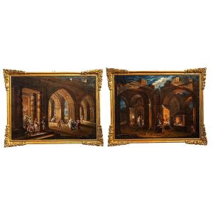 Coppia di Dipinti architettonici con scene di genere - Francesco Monti