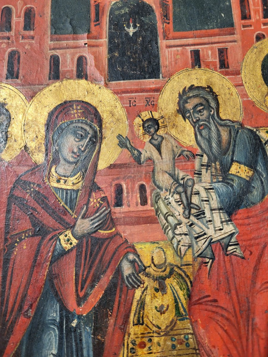 Antica icona raffigurante sacra famiglia e due santi, arte europea orientale, XIX secolo-photo-2