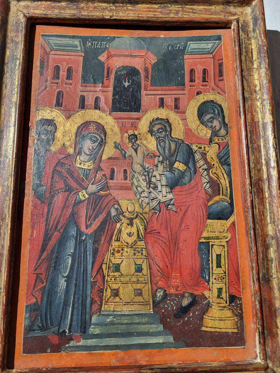 Antica icona raffigurante sacra famiglia e due santi, arte europea orientale, XIX secolo-photo-3