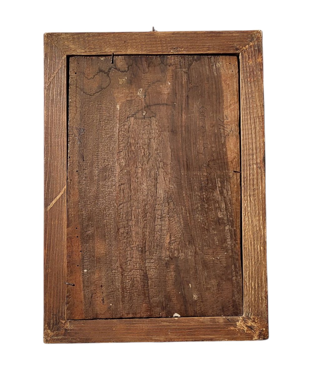 Antica icona raffigurante sacra famiglia e due santi, arte europea orientale, XIX secolo-photo-4