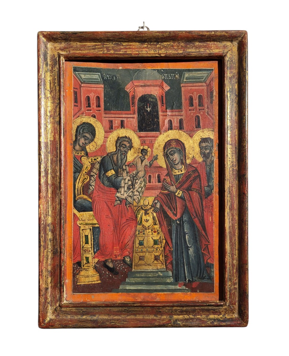 Antica icona raffigurante sacra famiglia e due santi, arte europea orientale, XIX secolo