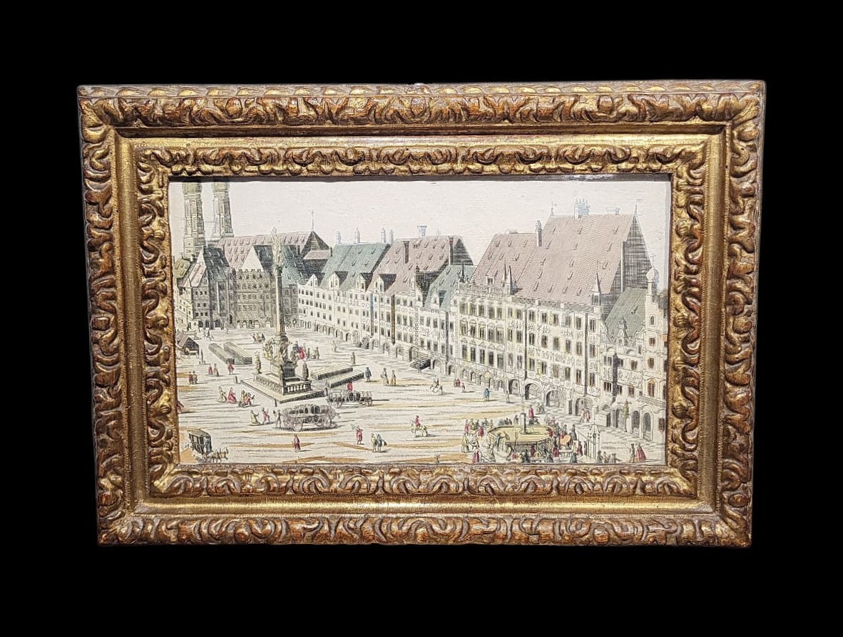 Cornice intagliata e dorata con incisione antica, Piemonte, XVIII secolo