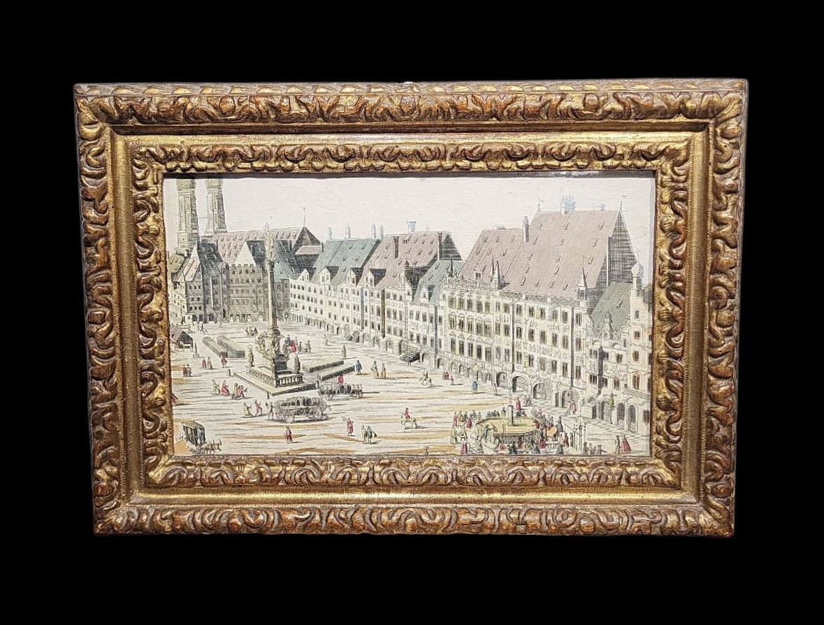 Cornice intagliata e dorata con incisione antica, Piemonte, XVIII secolo