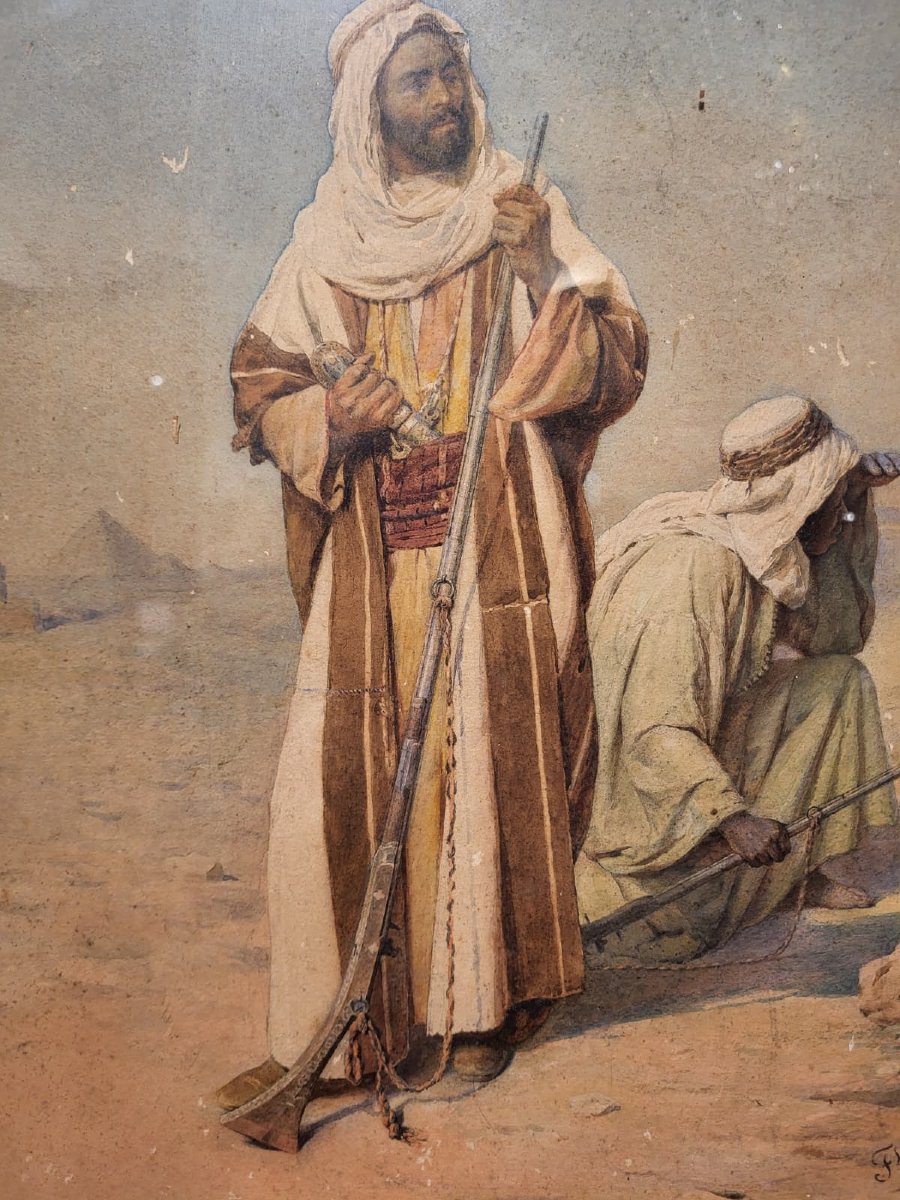 Dipinto orientalista ad acquerello, Firmato F. Bartolini. Circa 1880-photo-4