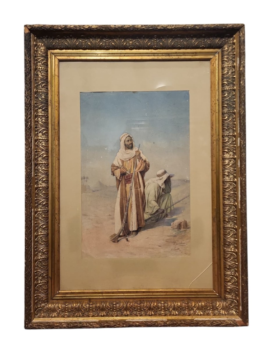 Dipinto orientalista ad acquerello, Firmato F. Bartolini. Circa 1880