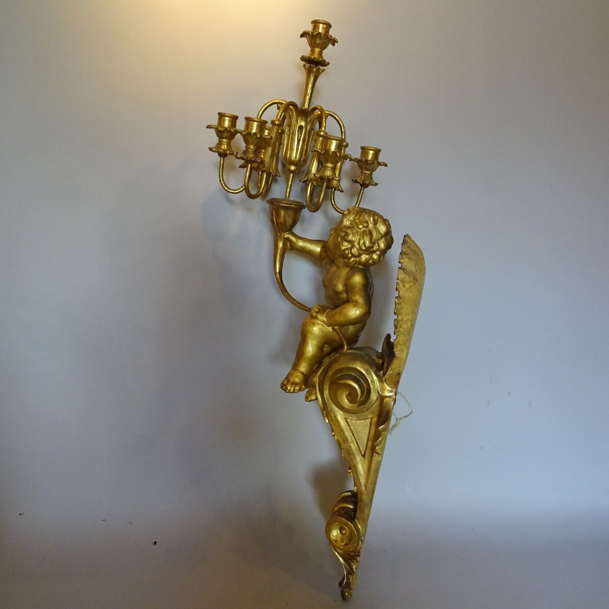 Putto porta candele in legno dorato inizio XIX secolo-photo-2