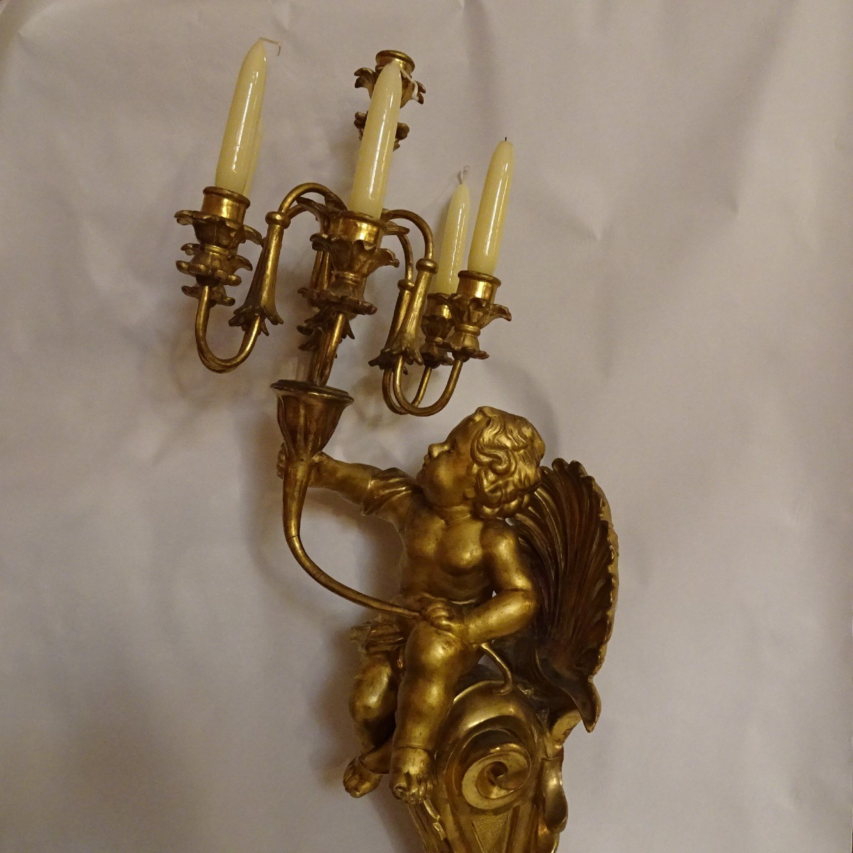 Putto porta candele in legno dorato inizio XIX secolo-photo-3