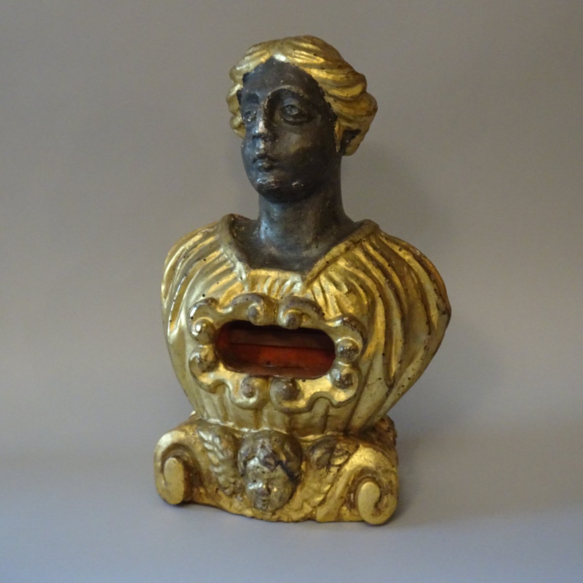 Busto reliquiario in legno dorato XVIII secolo-photo-2