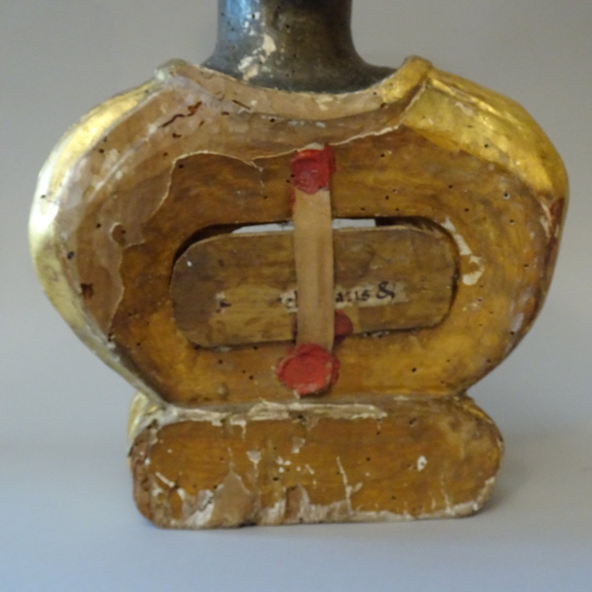 Busto reliquiario in legno dorato XVIII secolo-photo-4