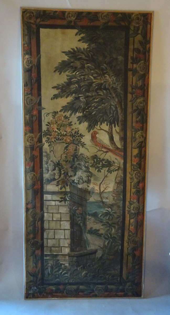Pannello decorativo dipinto a tempera su tela XIX secolo 
