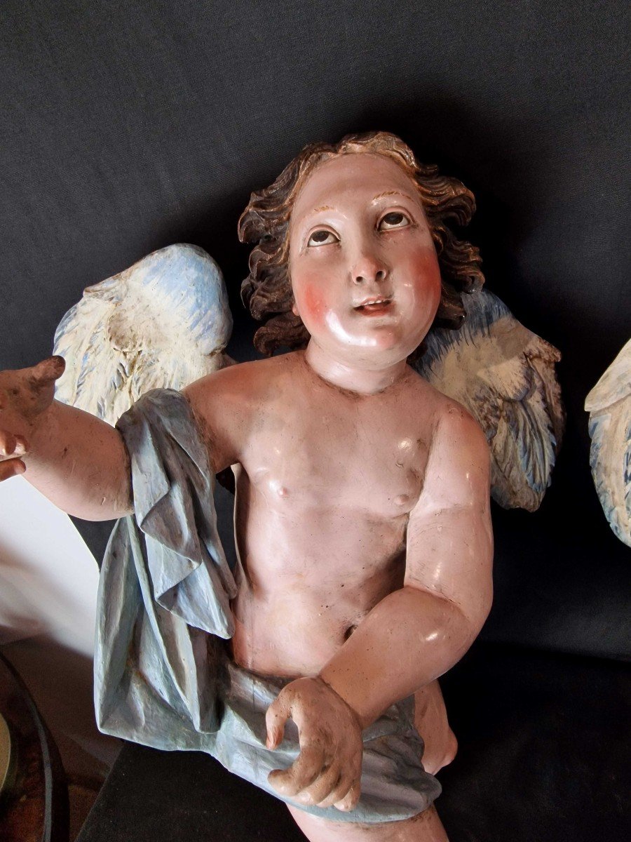 Paire d'Anges Du 18ème Siècle Sculptures  Napolitaines-photo-3