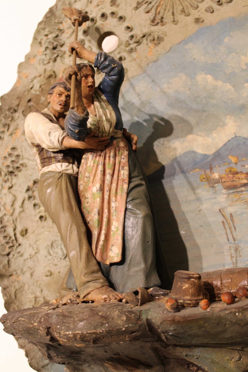 Assiette En Terre Cuite Polychrome Scène De Naples Du 19ème Siècle-photo-2