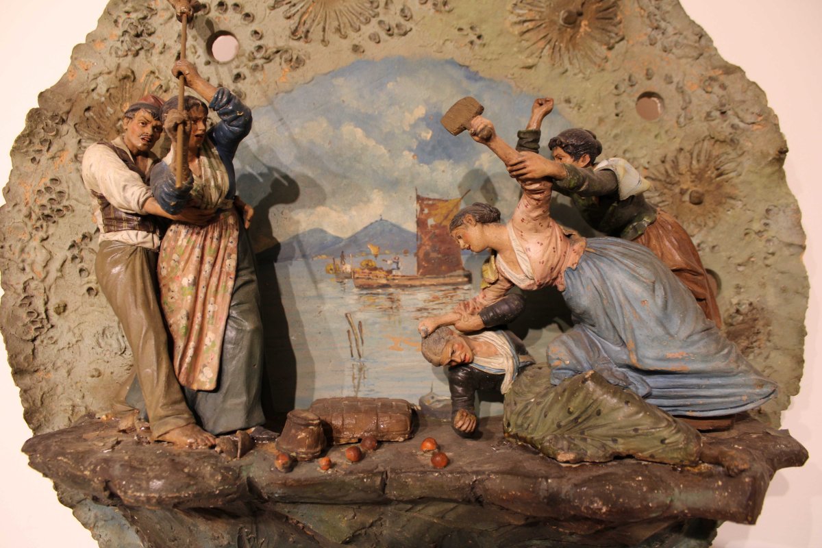Assiette En Terre Cuite Polychrome Scène De Naples Du 19ème Siècle-photo-3