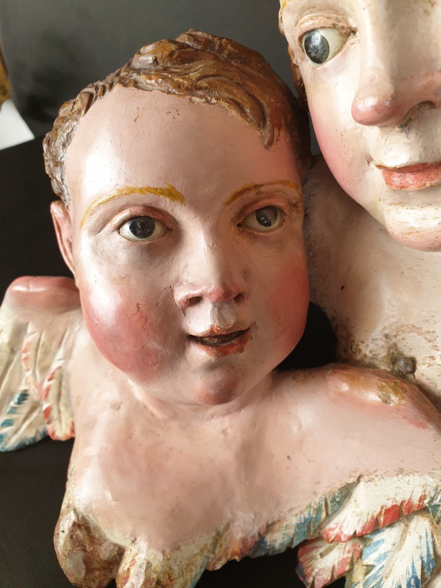 Sculpture  Napolitaine En Bois Du XVIIIe Siècle d'Angelots-photo-1