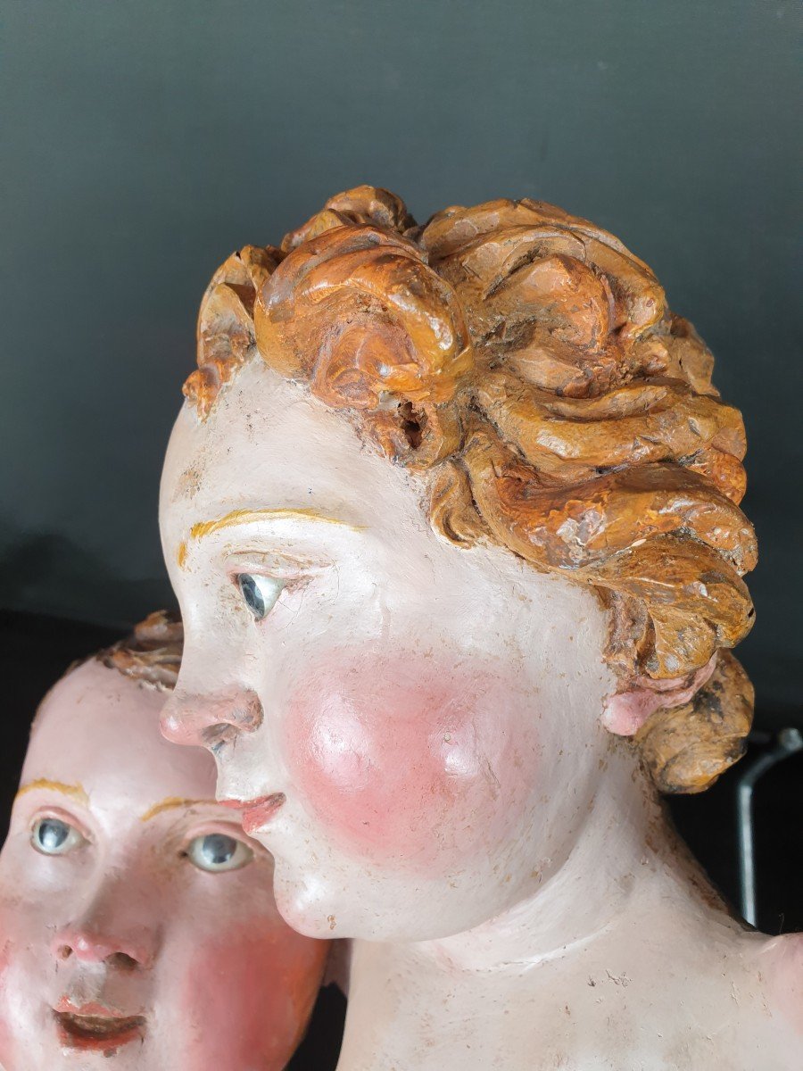 Sculpture  Napolitaine En Bois Du XVIIIe Siècle d'Angelots-photo-3