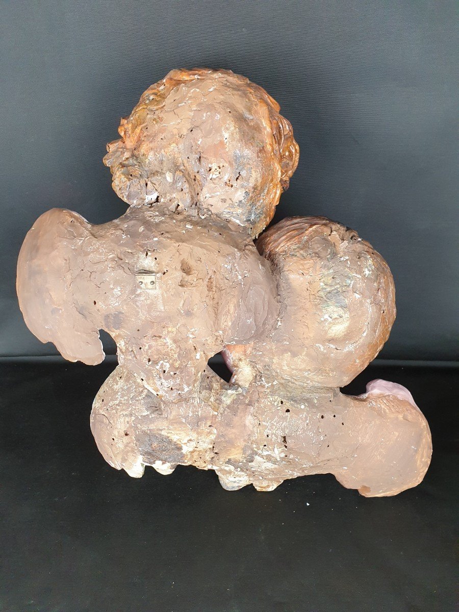 Sculpture  Napolitaine En Bois Du XVIIIe Siècle d'Angelots-photo-4