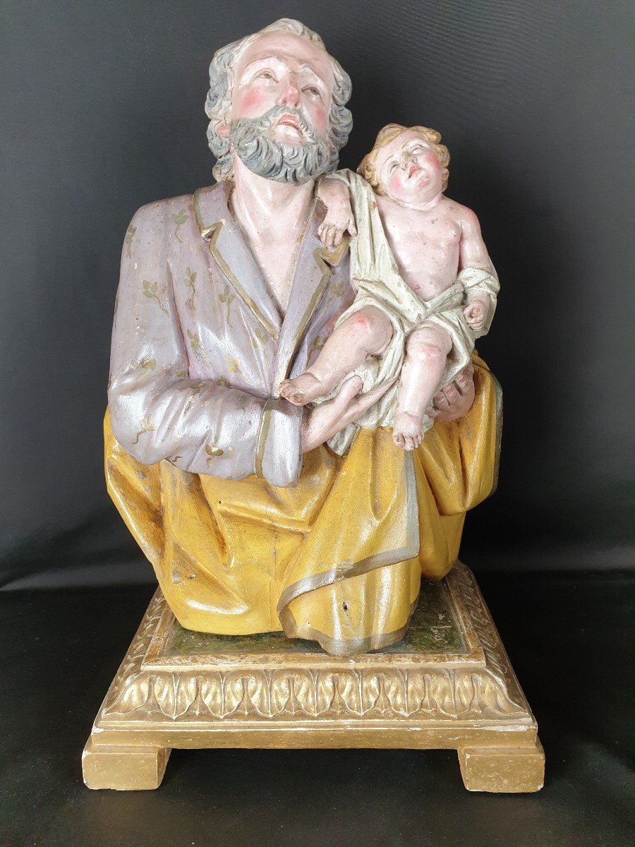 Saint Joseph Et l'Enfant, Sculpture Napolitaine Du XVIIIe Siècle