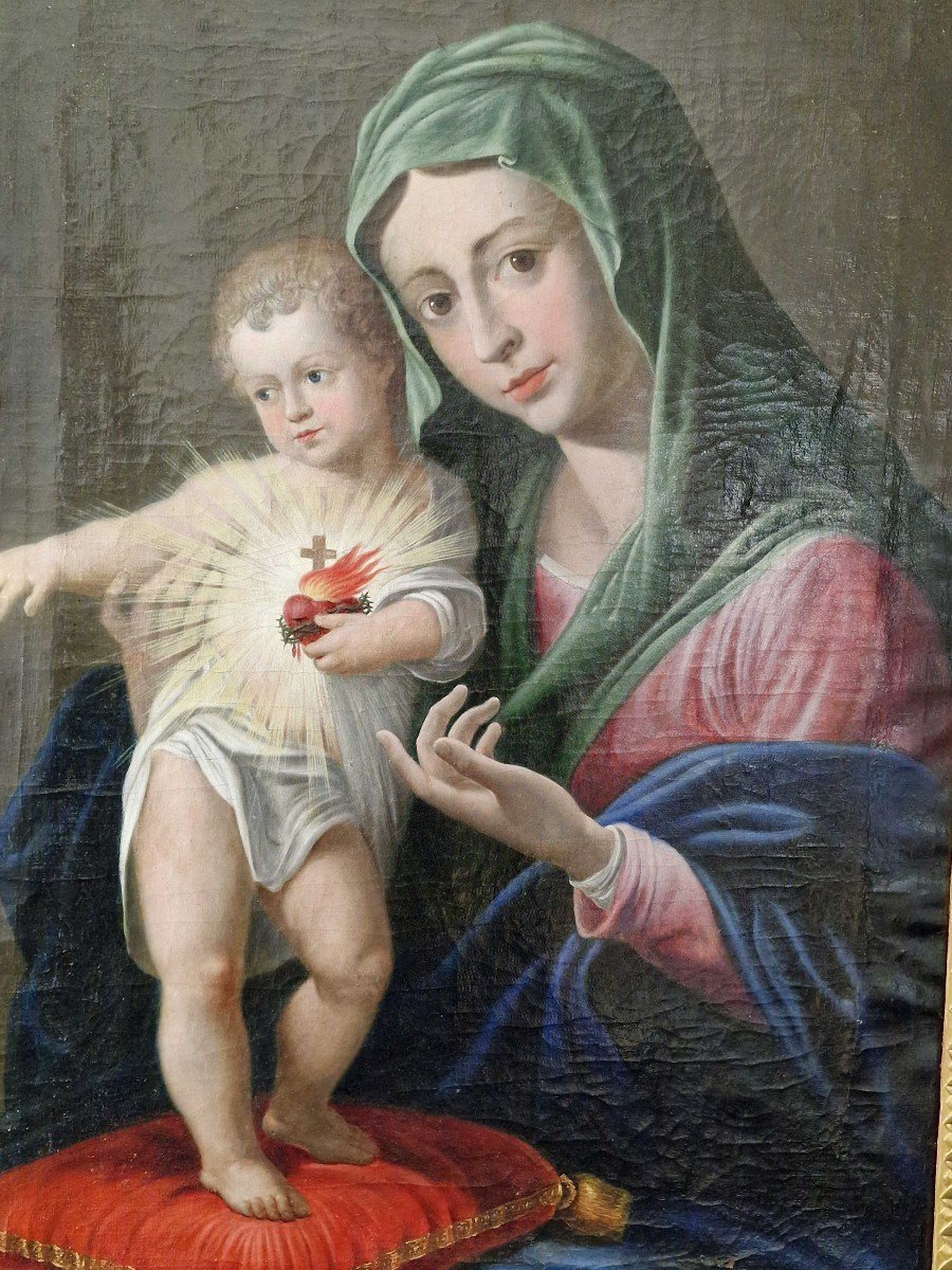 Vierge à l'Enfant, Peinture à l'Huile Sur Toile Du XIXe Siècle Naples-photo-1