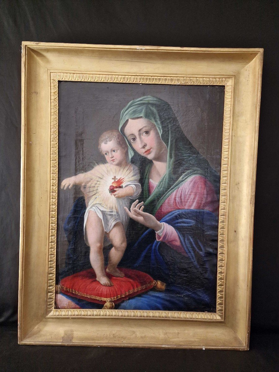 Vierge à l'Enfant, Peinture à l'Huile Sur Toile Du XIXe Siècle Naples
