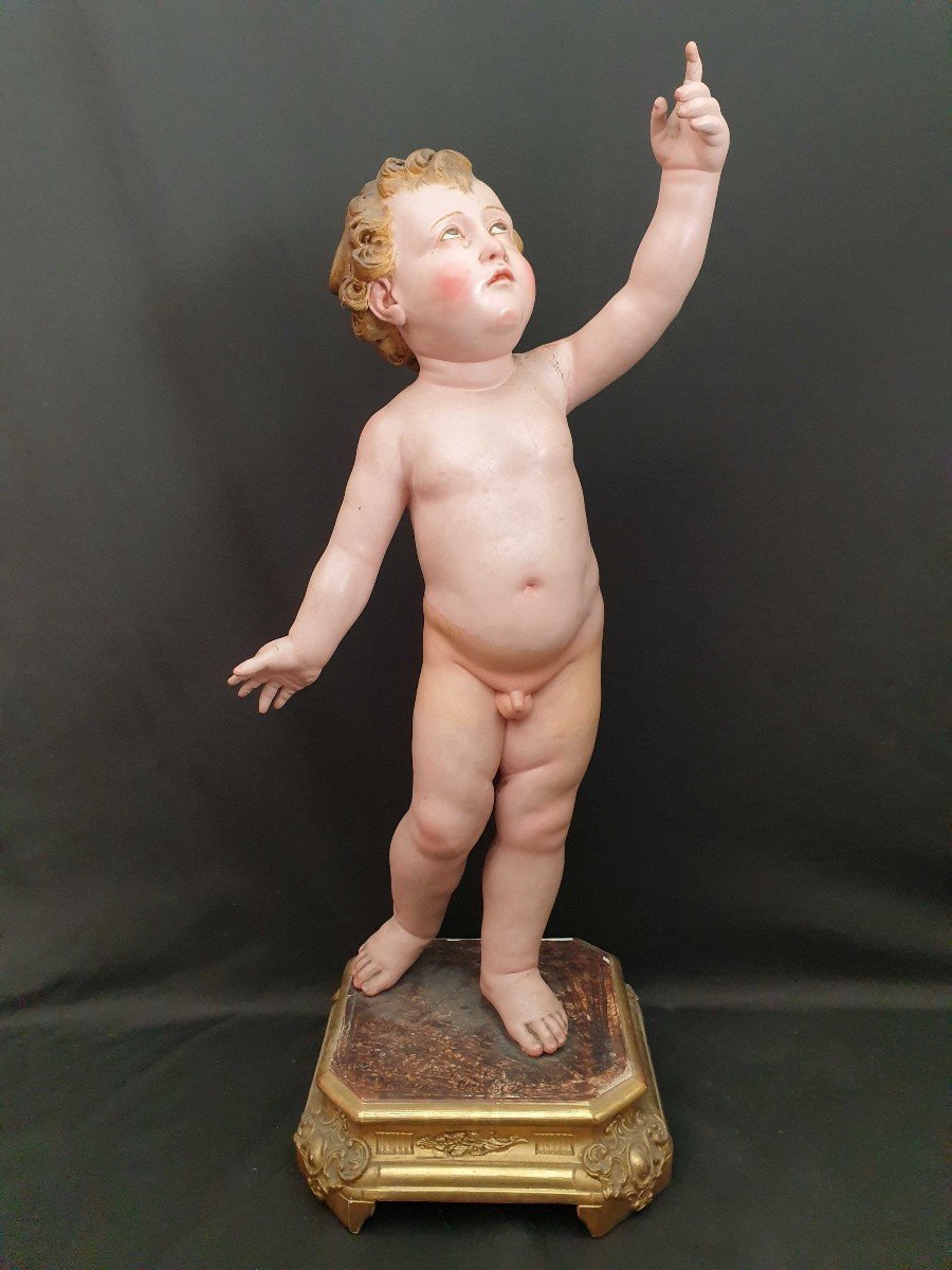 l'Enfant Jésus, Sculpture En Bois Napolitaine Du XIXe Siècle