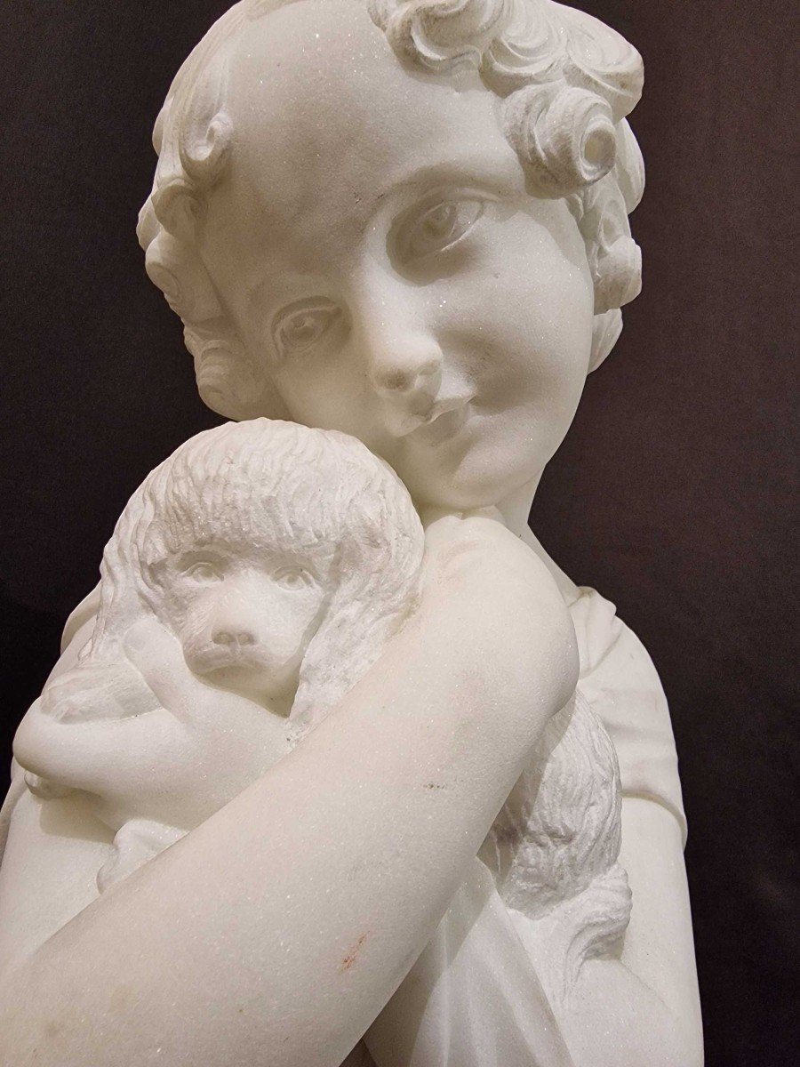 La Jeune Fille Et Son Chien Sculpture En Marbre Du XIXe Siècle-photo-2