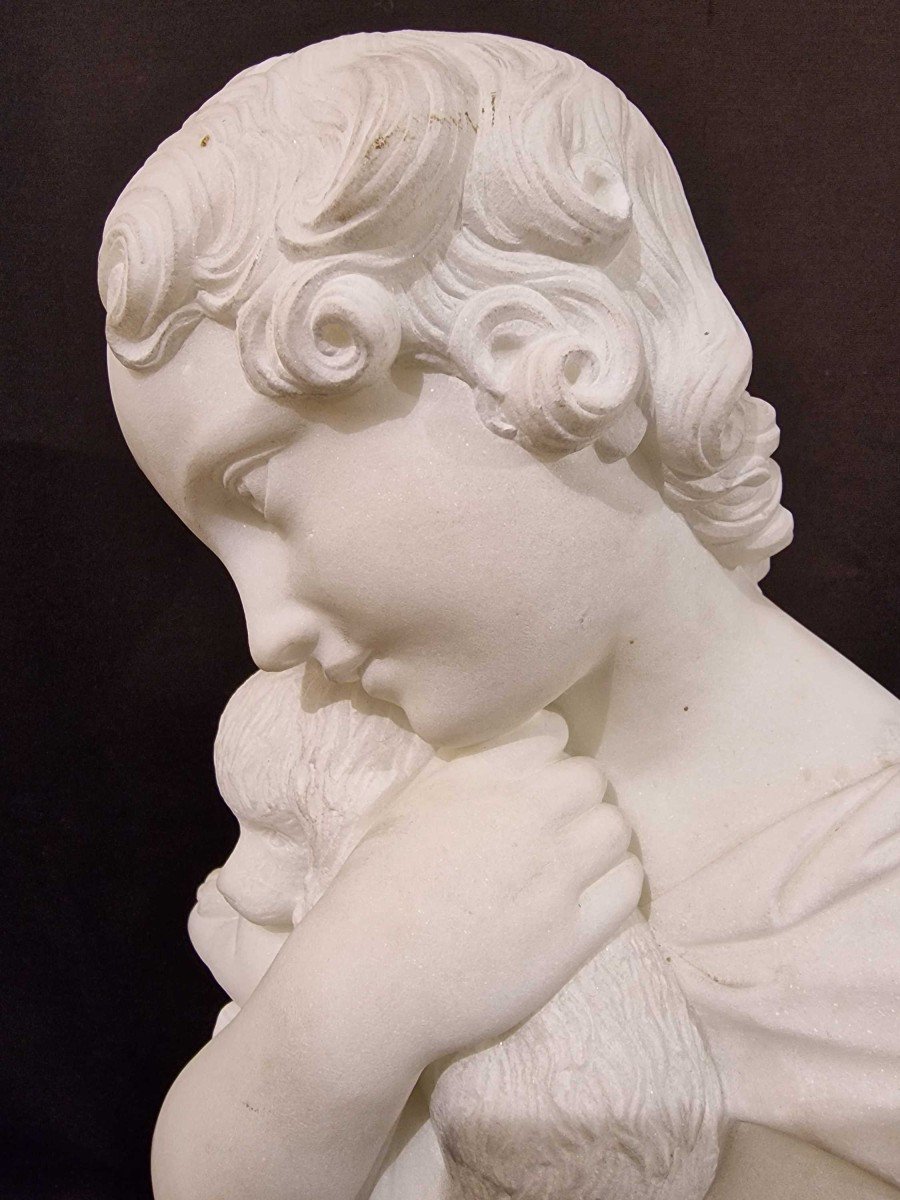 La Jeune Fille Et Son Chien Sculpture En Marbre Du XIXe Siècle-photo-4