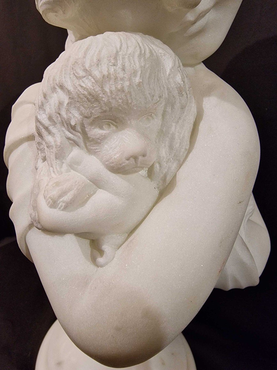 La Jeune Fille Et Son Chien Sculpture En Marbre Du XIXe Siècle-photo-1