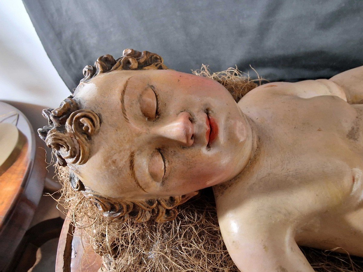 Bébé Jésus Endormi, Sculpture Napolitaine Du XIXe Siècle-photo-2