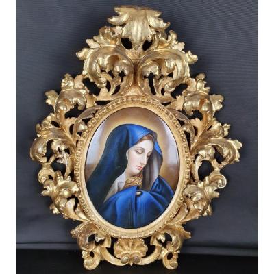 Peinture Du XIXe Siècle De La Madonna Del Dito Sur Porcelaine.