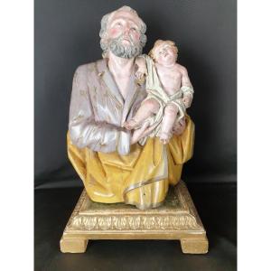 Saint Joseph Et l'Enfant, Sculpture Napolitaine Du XVIIIe Siècle