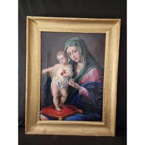 Vierge à l'Enfant, Peinture à l'Huile Sur Toile Du XIXe Siècle Naples