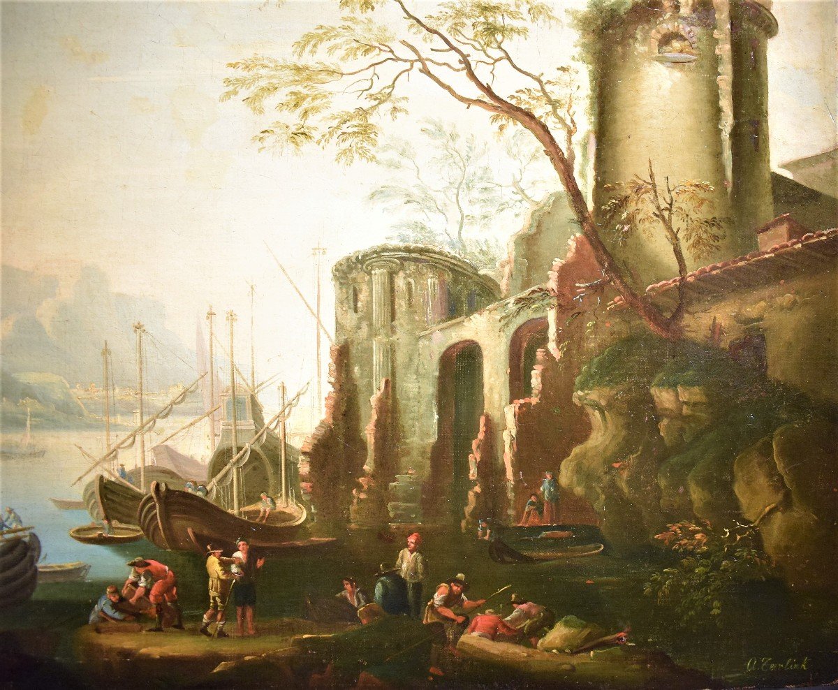 Paesaggio costiero con porto e rovine - Abraham Teerlink (1776 -1857)-photo-3