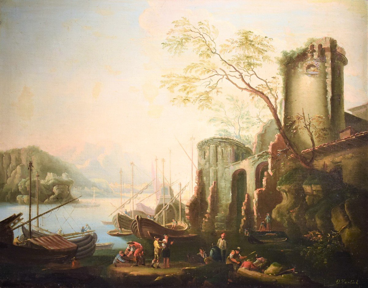 Paesaggio costiero con porto e rovine - Abraham Teerlink (1776 -1857)