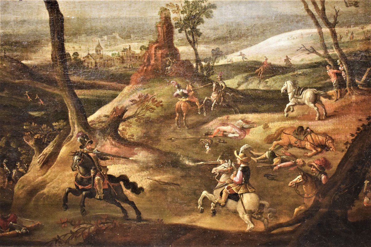 Assalto al villaggio con scontro tra cavalieri - Maestro Fiammingo del  XVII° secolo-photo-1