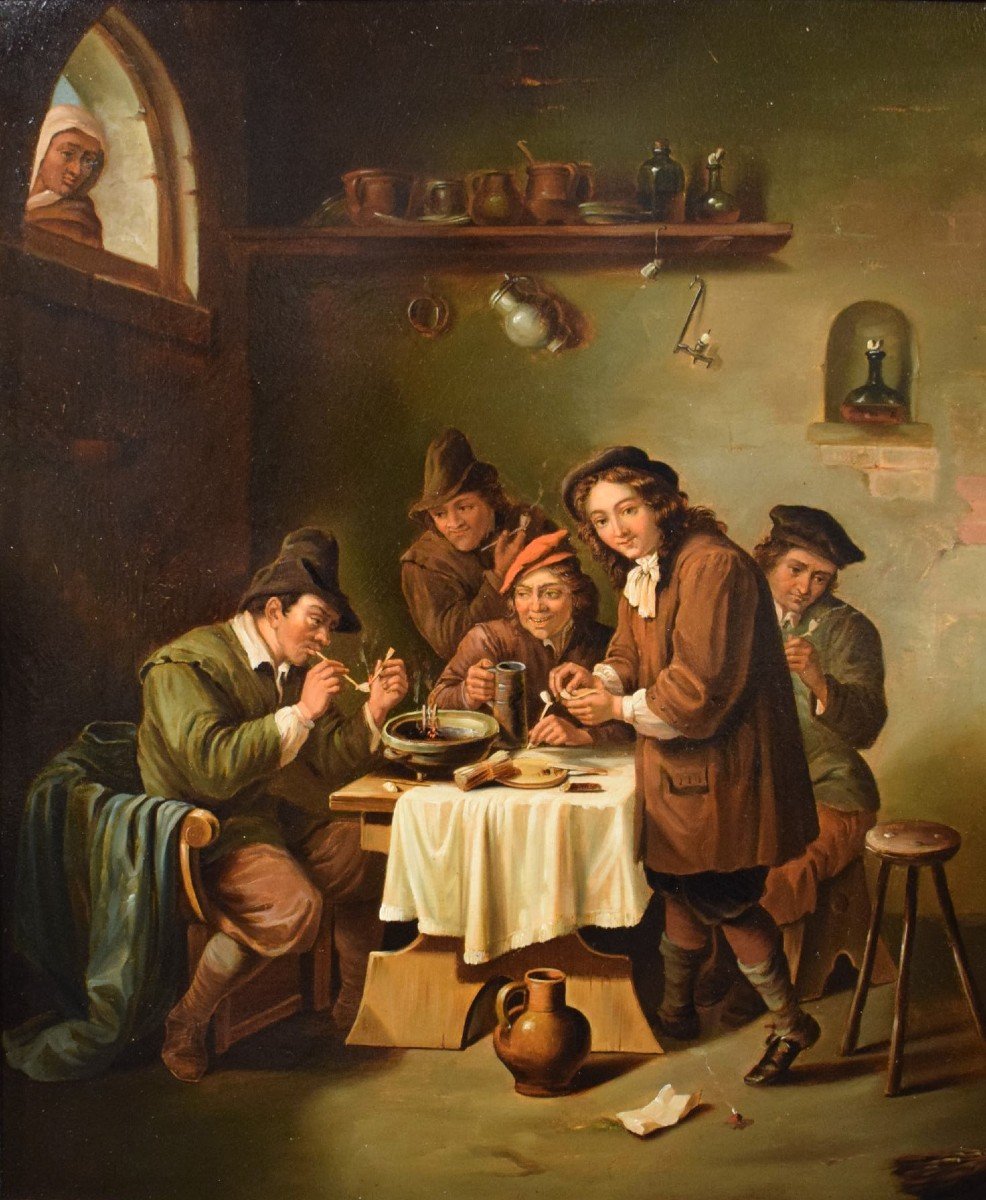 "Fumatori in osteria"  Olio su rame - Scuola Fiamminga XIX° secolo-photo-3